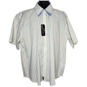 Celebrity Mens Shirt 2XL White Stripes Blue Yellow Double Collar Short Sleeve